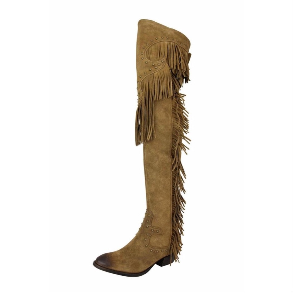 NIB Boho Chic Fringe Studs Over The Knee Boots - Picture 7 of 7